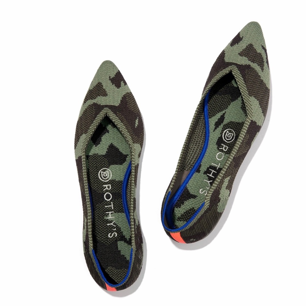 Green Camo Pointy Toe Flats, Rothy's Size 8.5